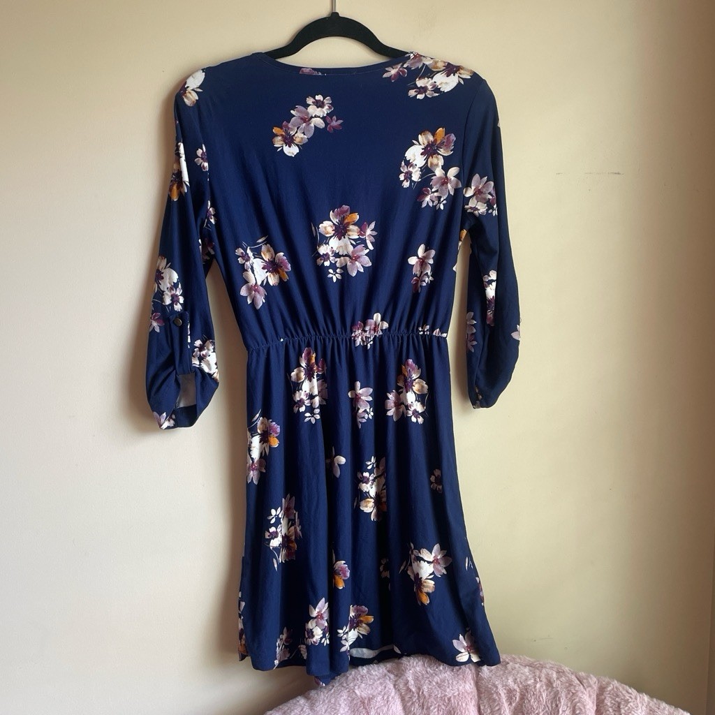 French Grey Navy Floral Knit A-Line Knee Dress M 3/4 Sleeve Stretch Pullover