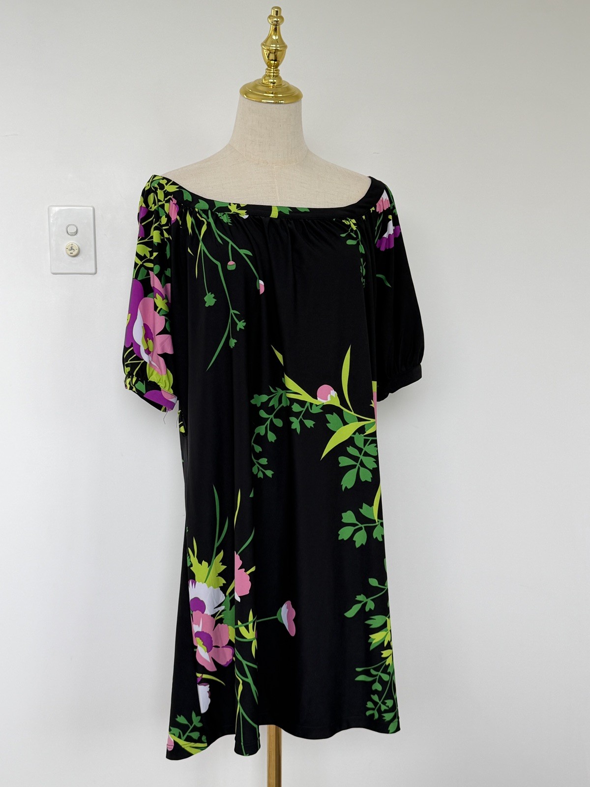 Leona Edmiston Black Multicolor Off Shoulder Shift 3/4 Sleeve Maxi Dress Size 12