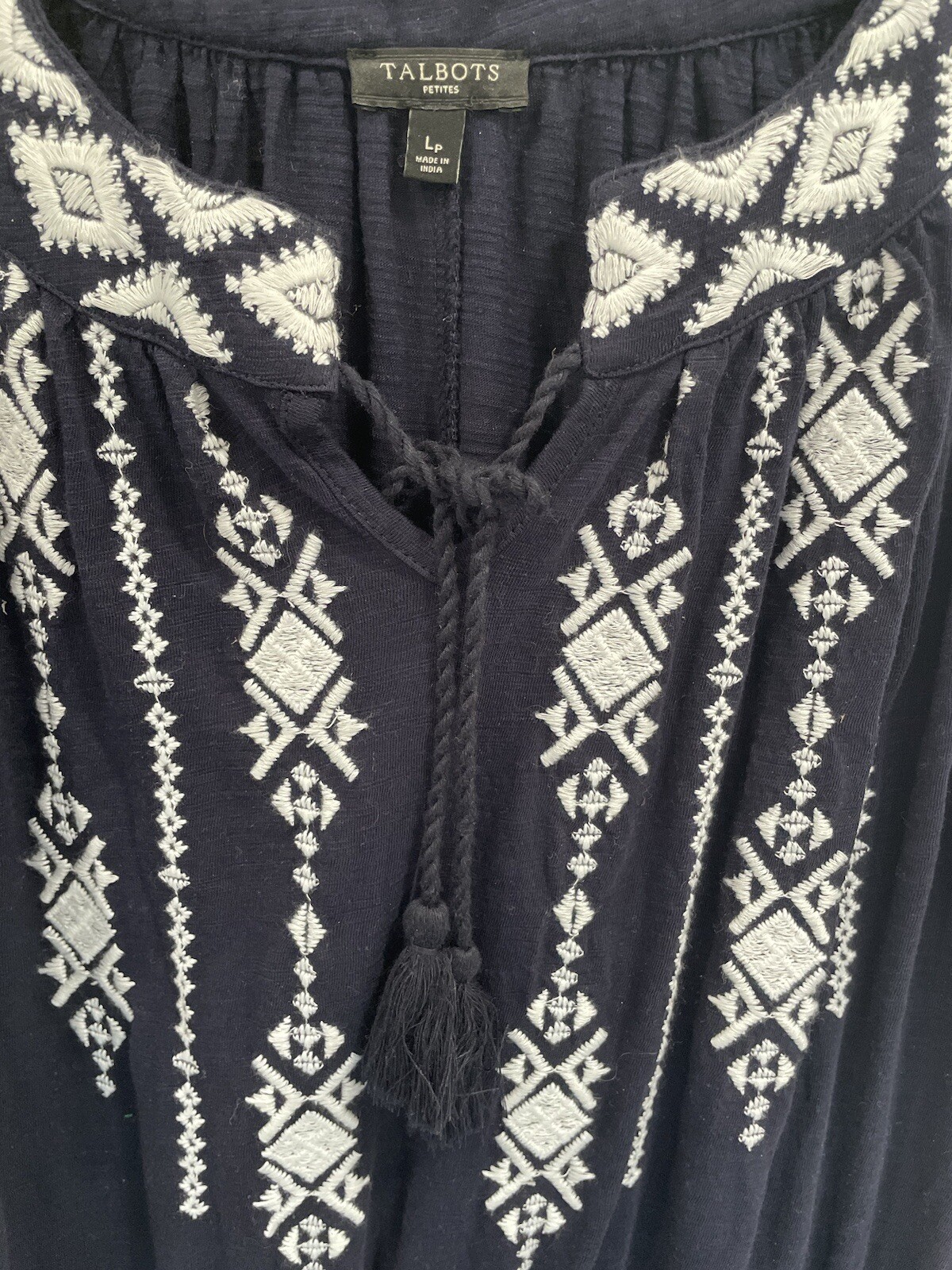 Talbots Sz LP Navy White Embroidered Peasant Dress AK105