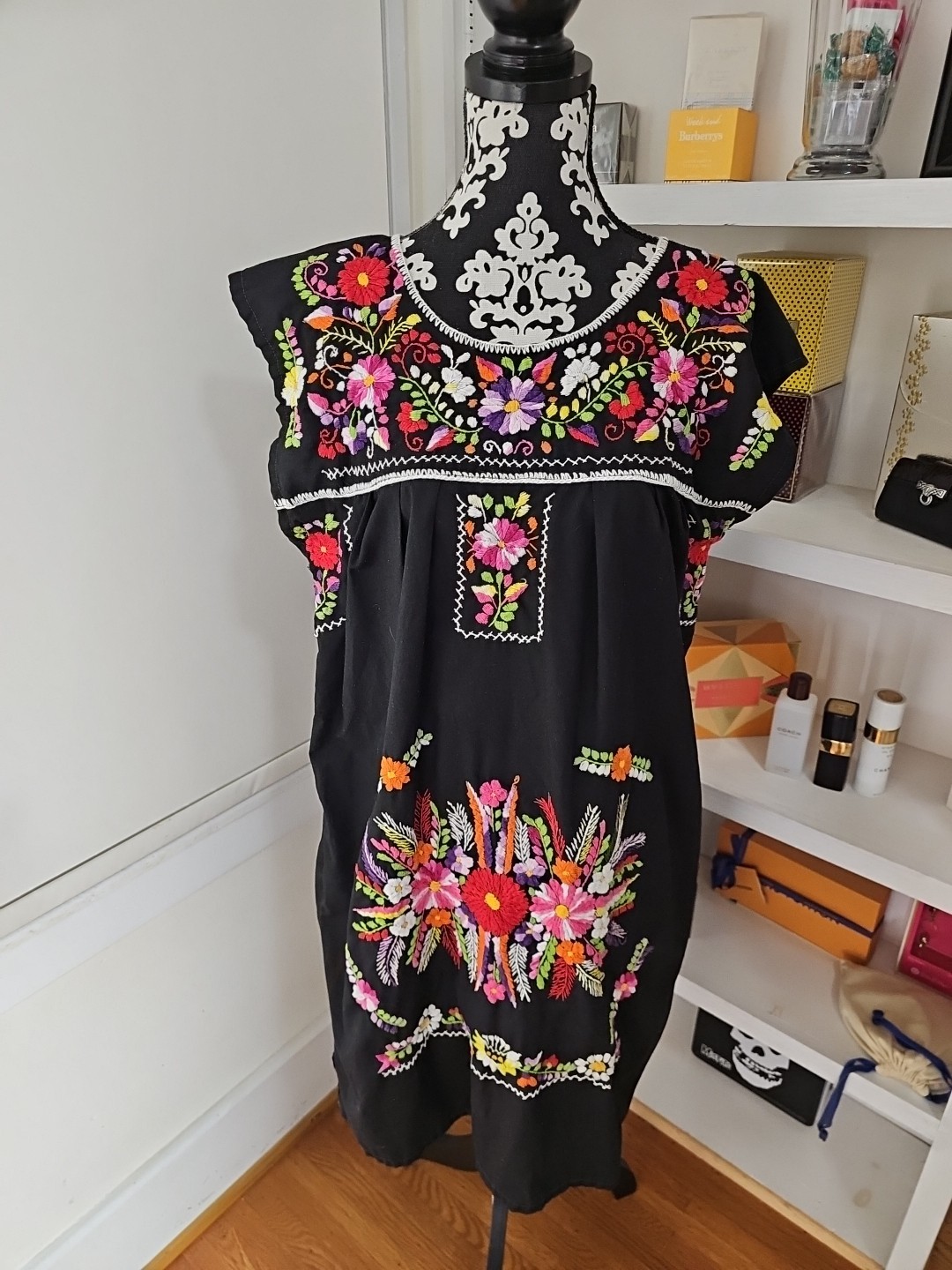 Mexican Dress Puebla Short Mini Summer Dress | For Women M/L 42 bust Black 38L