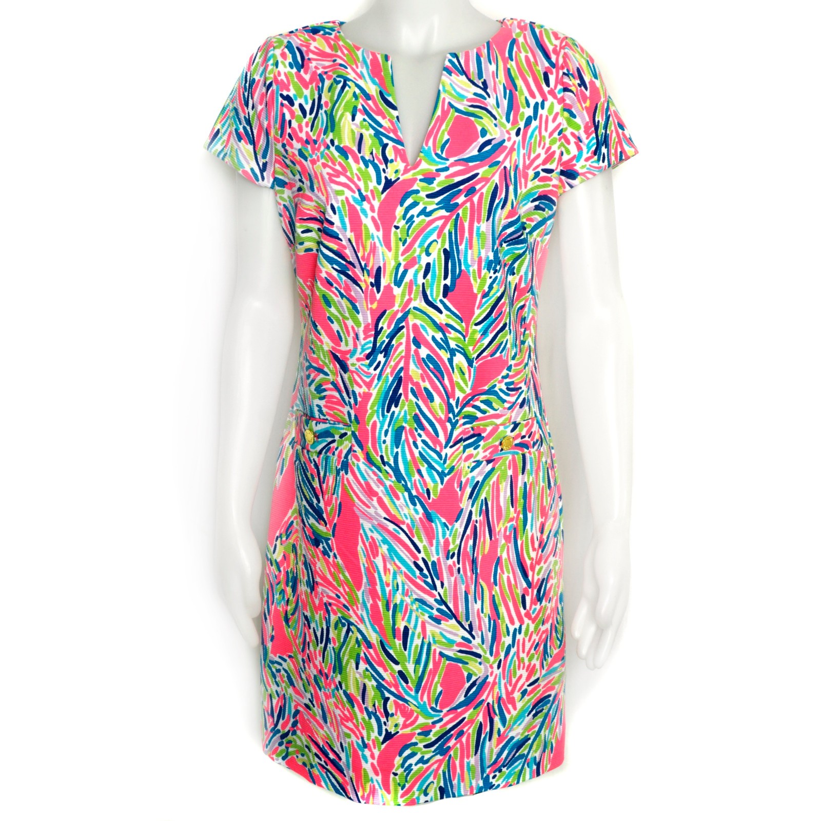 Lilly Pulitzer Layton Shift Dress Bright Colors Logo Gold Buttons, Back Zipper