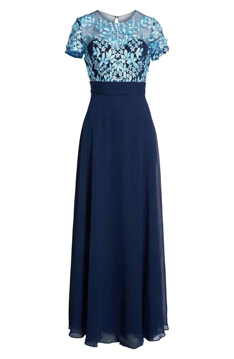 JS COLLECTIONS EMBROIDERED ILLUSIONS BODICE NAVY/TURQUOISE DRESS GOWN sz 2
