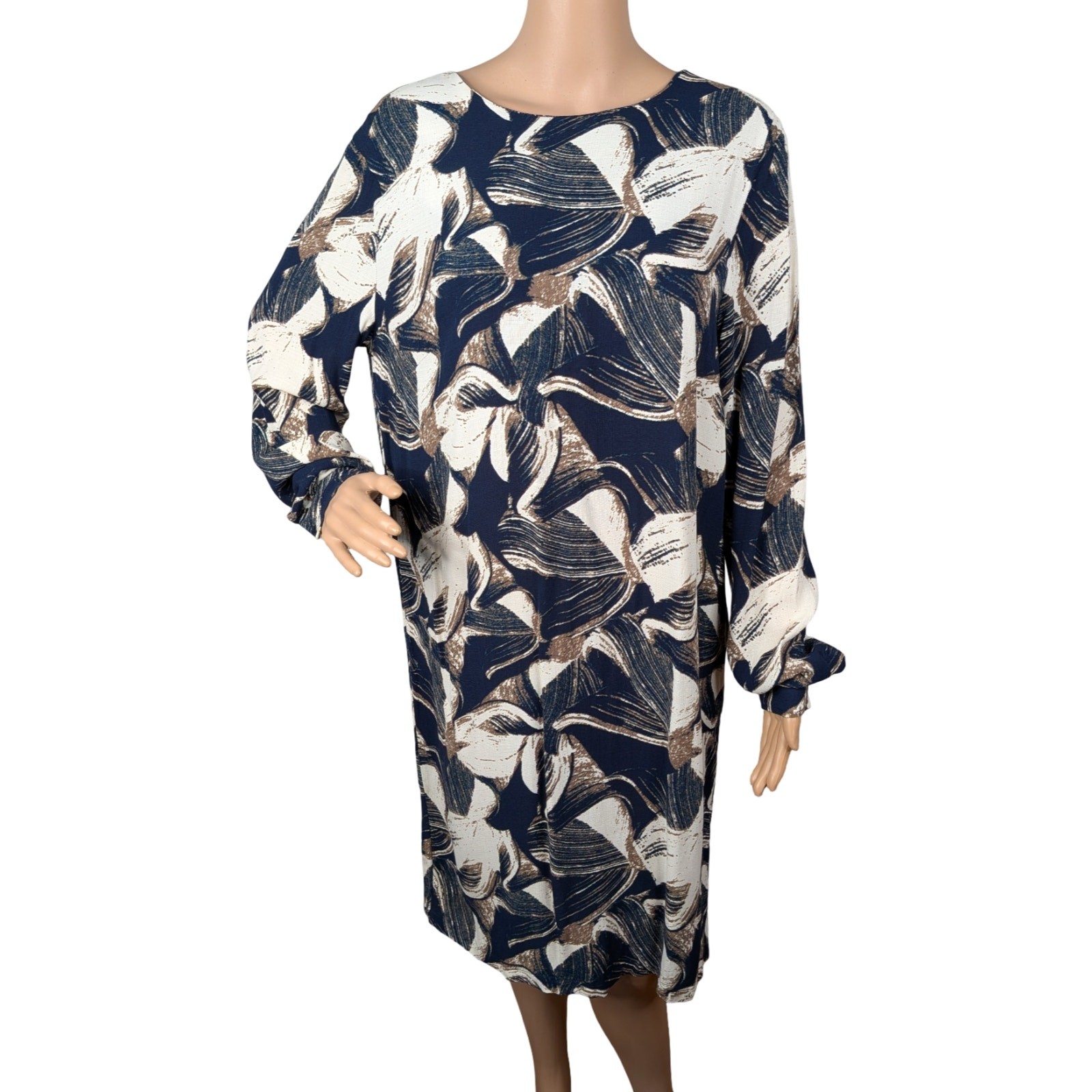 JUST Female Blossom Abstract Shift Dress M Navy Olive White Viscose Cutout Rare