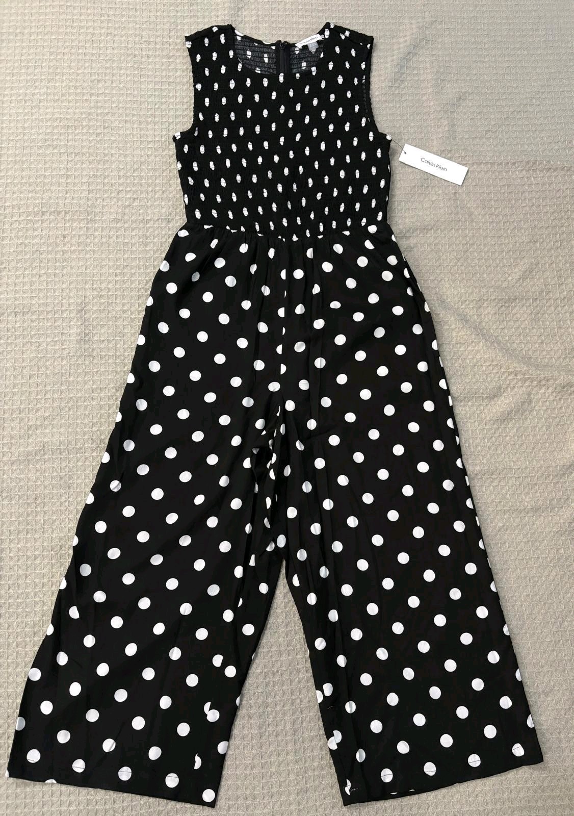 Calvin Klein Black White Polka Dot Jumpsuit Wide Leg Crop Sz 4 NWT