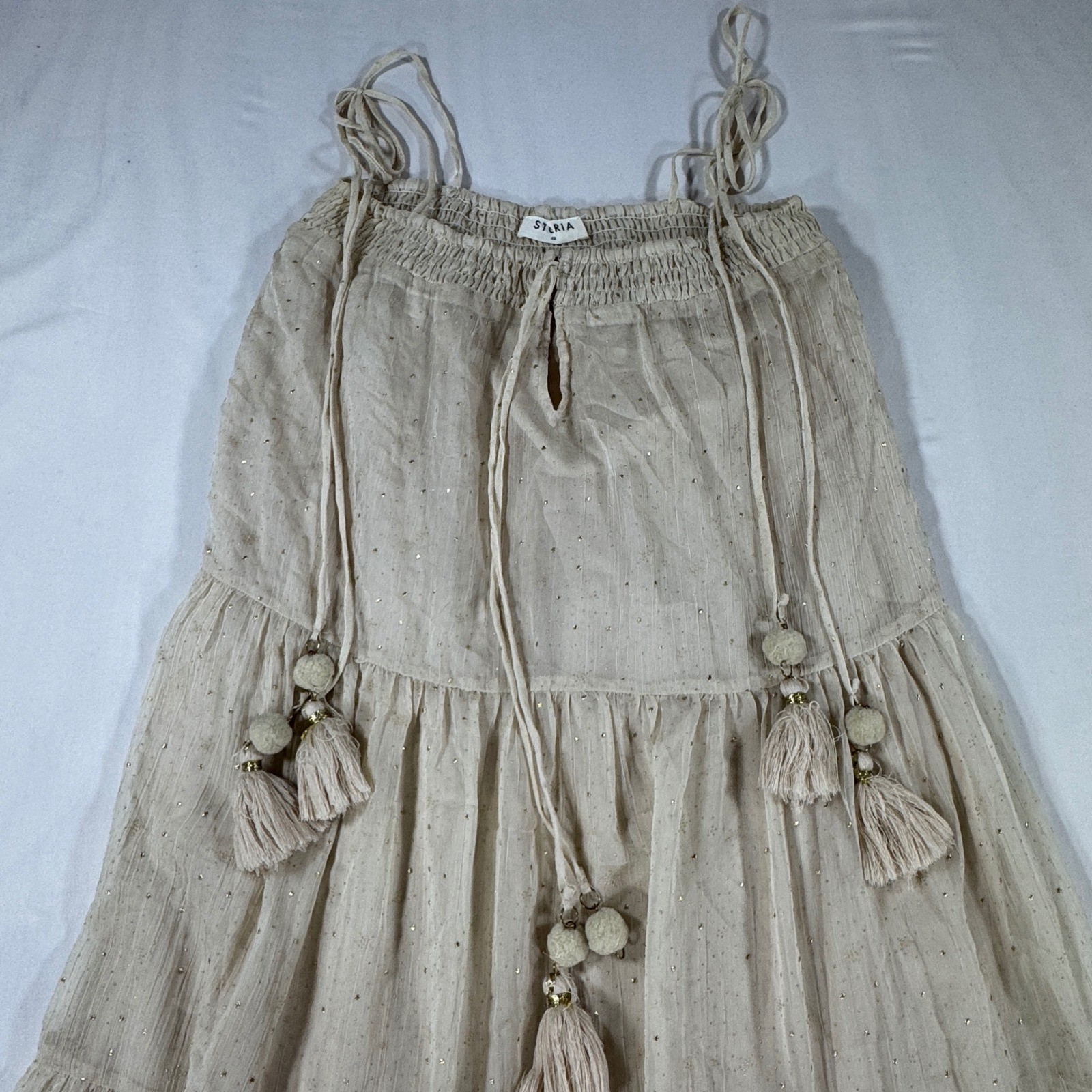 Storia Gold Star Tiered Maxi Dress Beige Tassel Boho Celestial Flowy XS Cottage