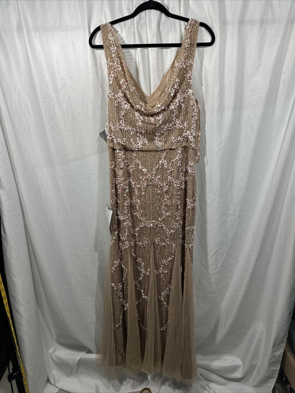 NWT $329 Adrianna Papell [ 14 ] Embellished Cowl-Back Gown in Champagne #G1167