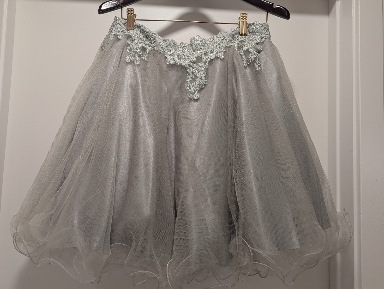 May Queen Size 12 Gray Beaded Embroidered Tulle V-Neck A-Line Knee Dress