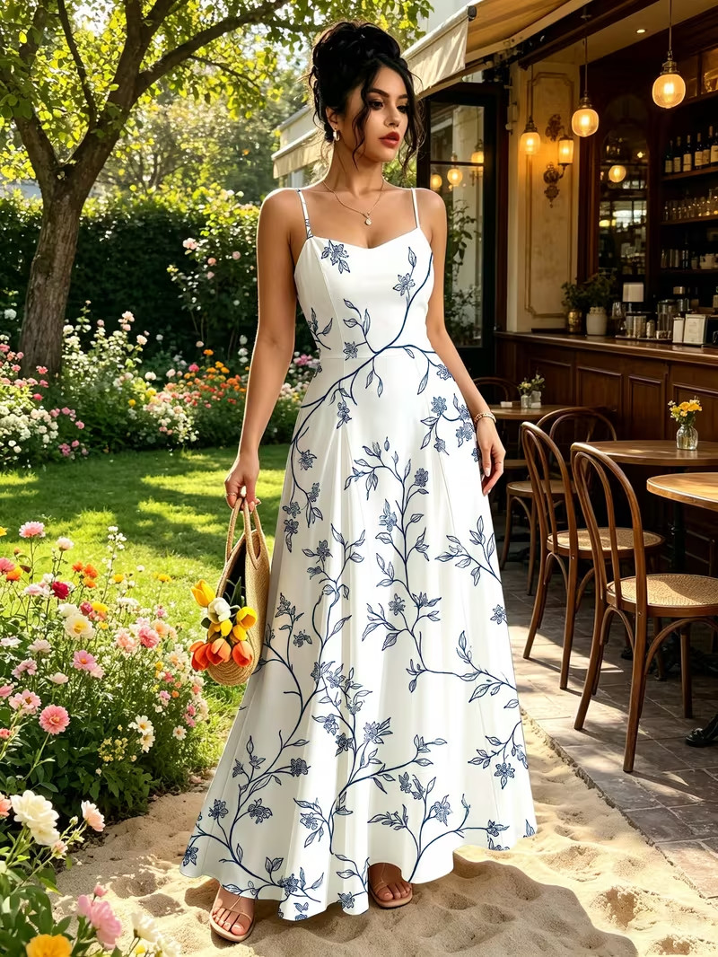 Chic Digital Print Retro Elegant Women’s Long Dress