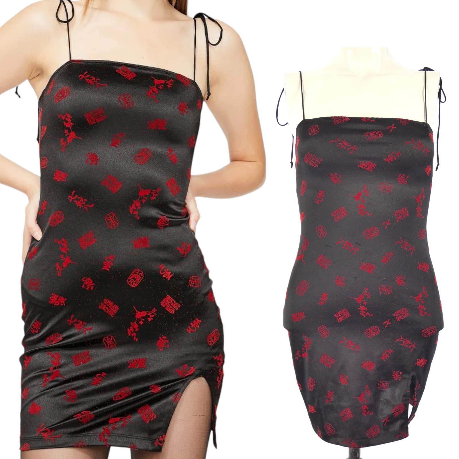 Motel Mini Slip Dress Black Sexy Slit Strappy Chinese Oriental Summer Size S