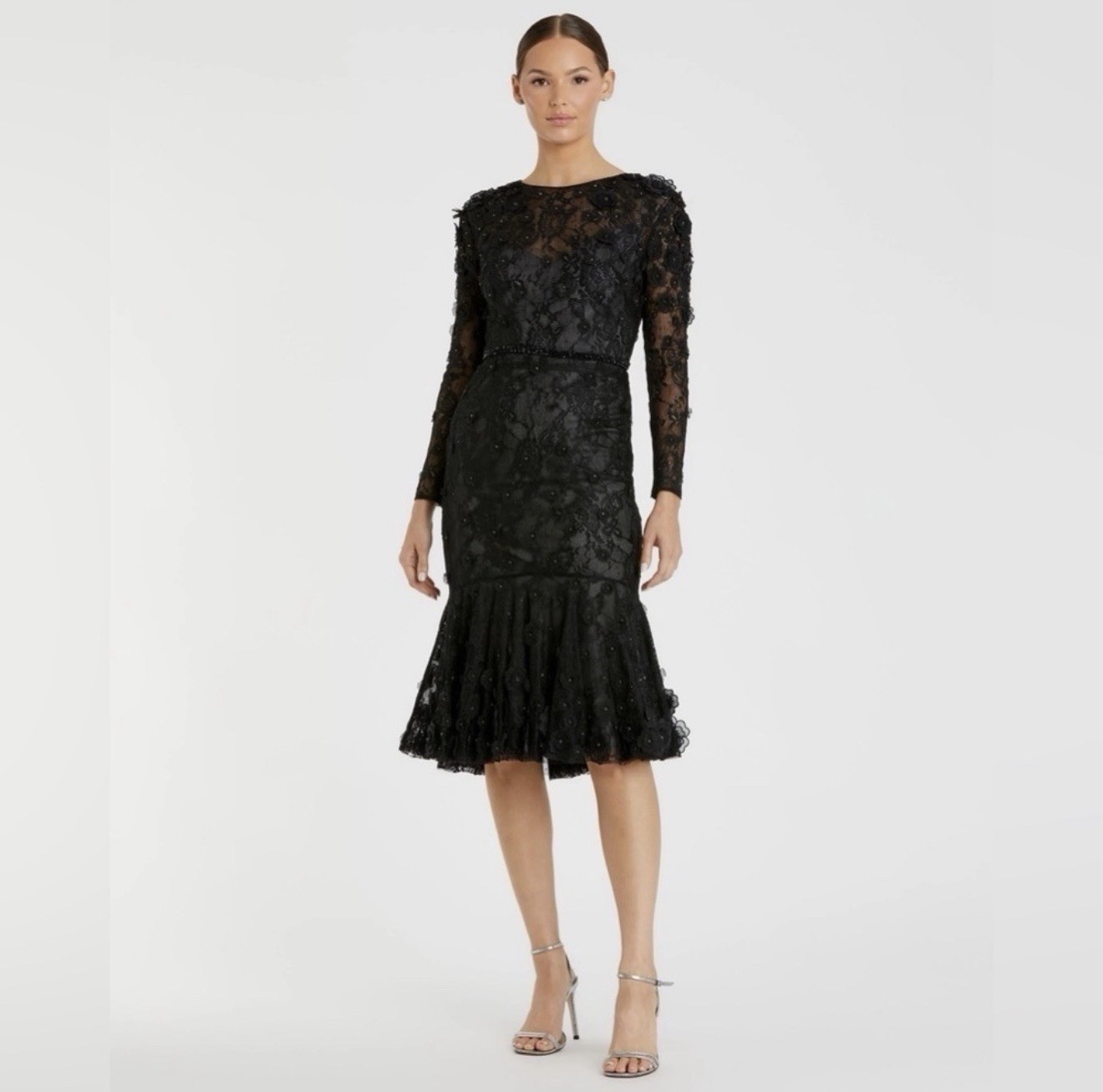 Mac Duggal 67703 Black Floral Lace Beaded Boat Neck Midi Sheath Dress 8