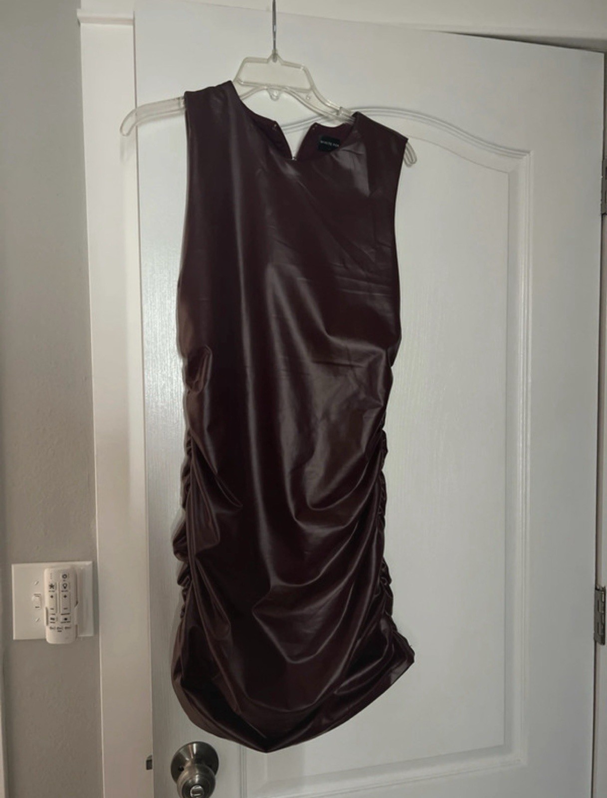 White Fox Burgundy Faux Leather Ruched Bodycon Mini Dress Round Neck L