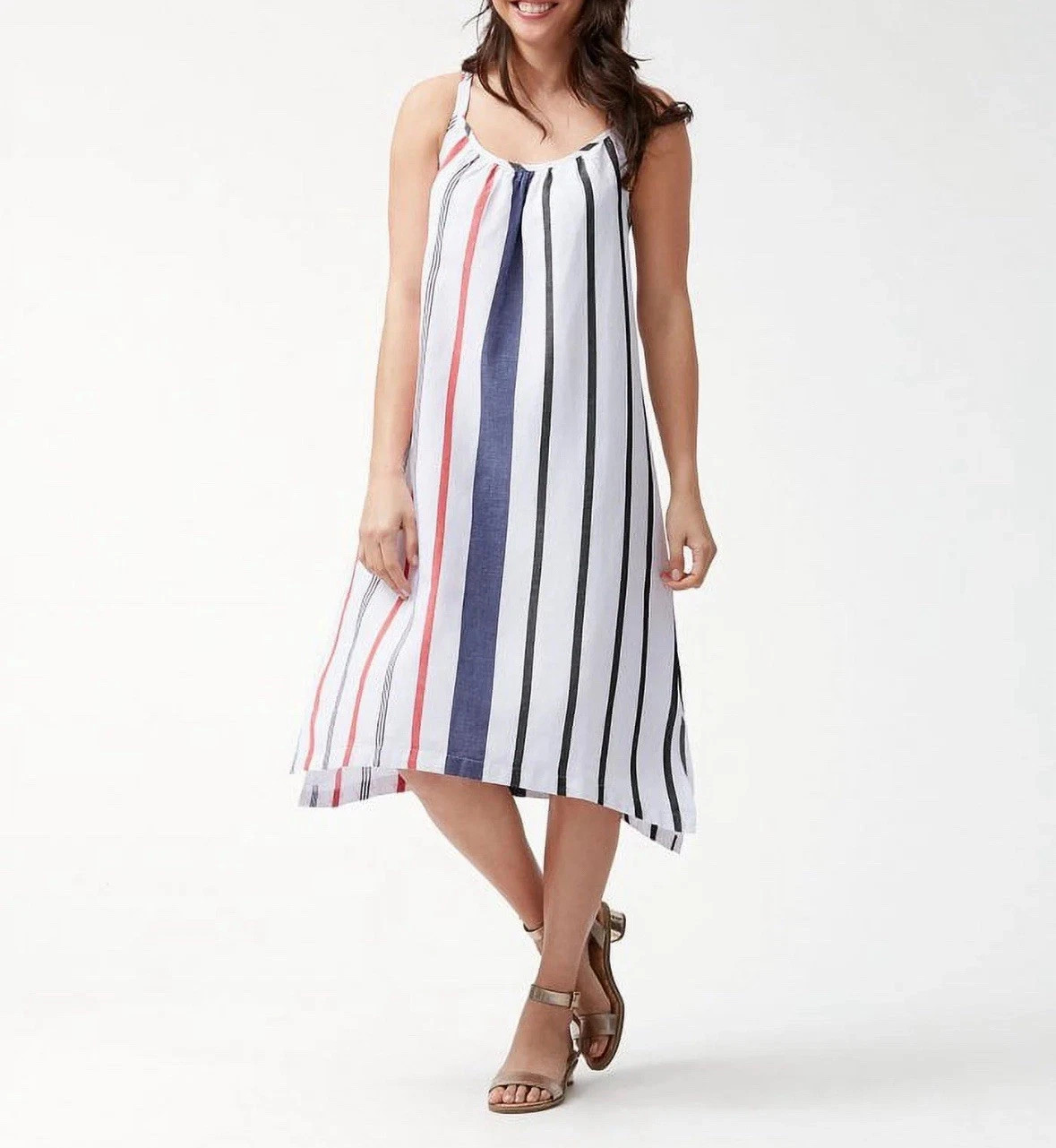 Tommy Bahama Amalia Midi Stripe Sundress Red White Blue Linen Womens M Nantucket