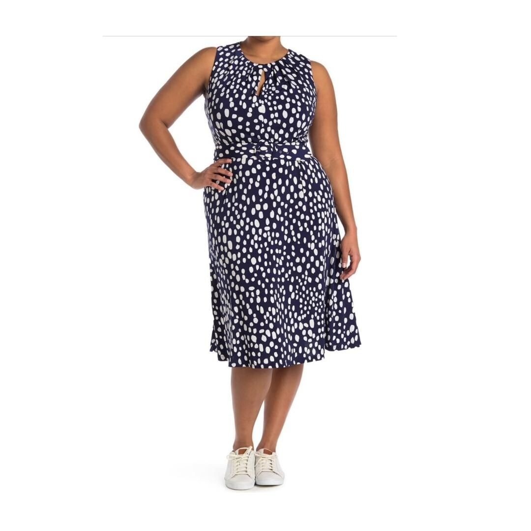 London Times Womens Blue Polka Dot Midi Dress Sleeveless Belted Plus Sz 20W New