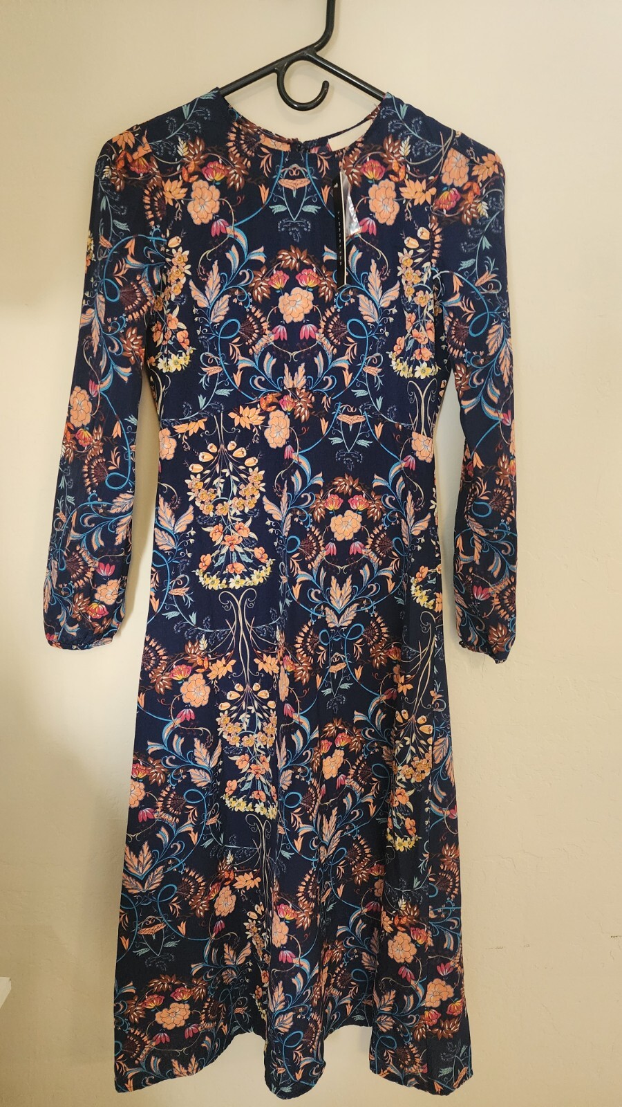 I. Madeline Dress Anthropology Large Navy Coral Floral Midi Fit Flare Pullover
