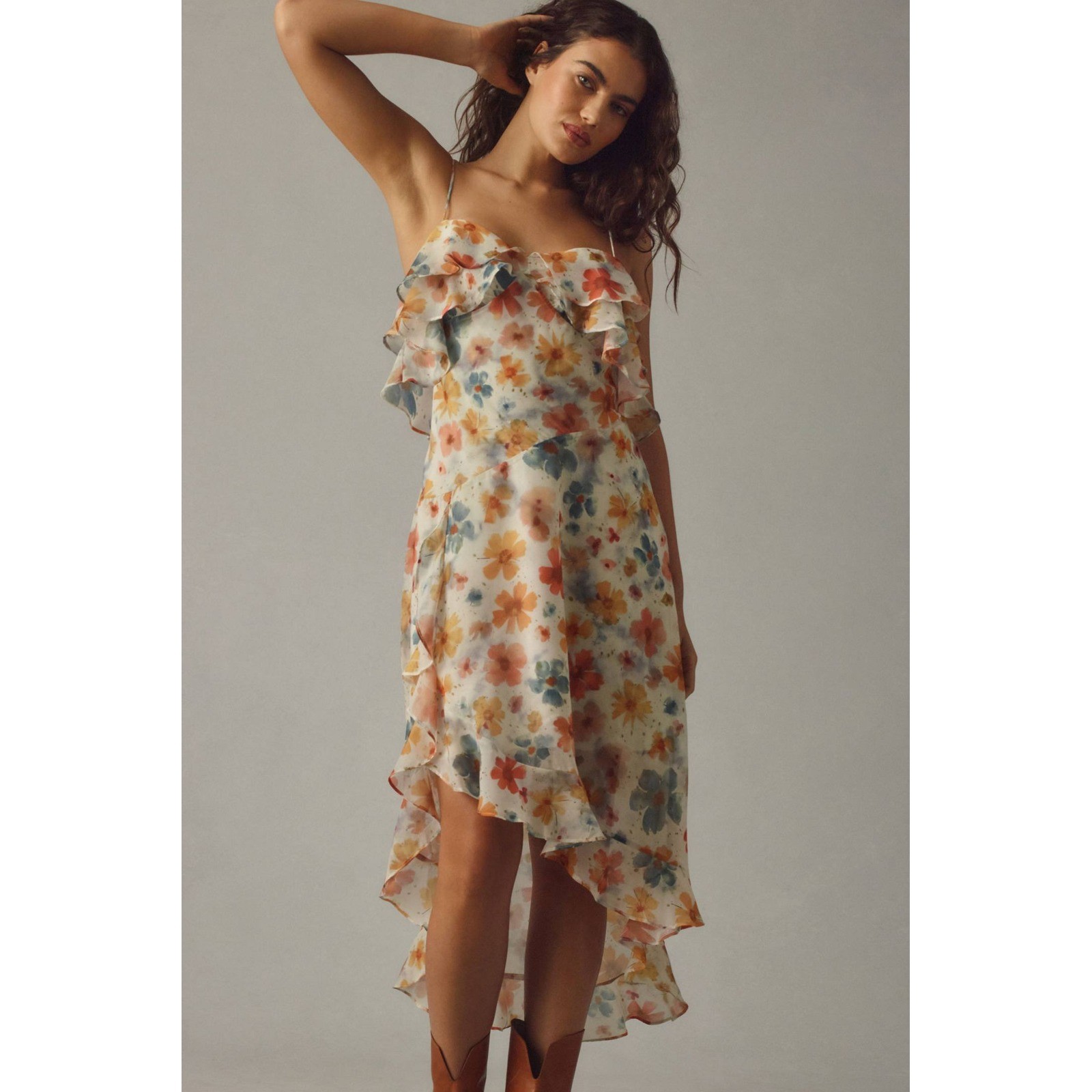 Anthropologie NWT Watercolor Asymmetrical Floral Ruffle High-Low Midi Dress M