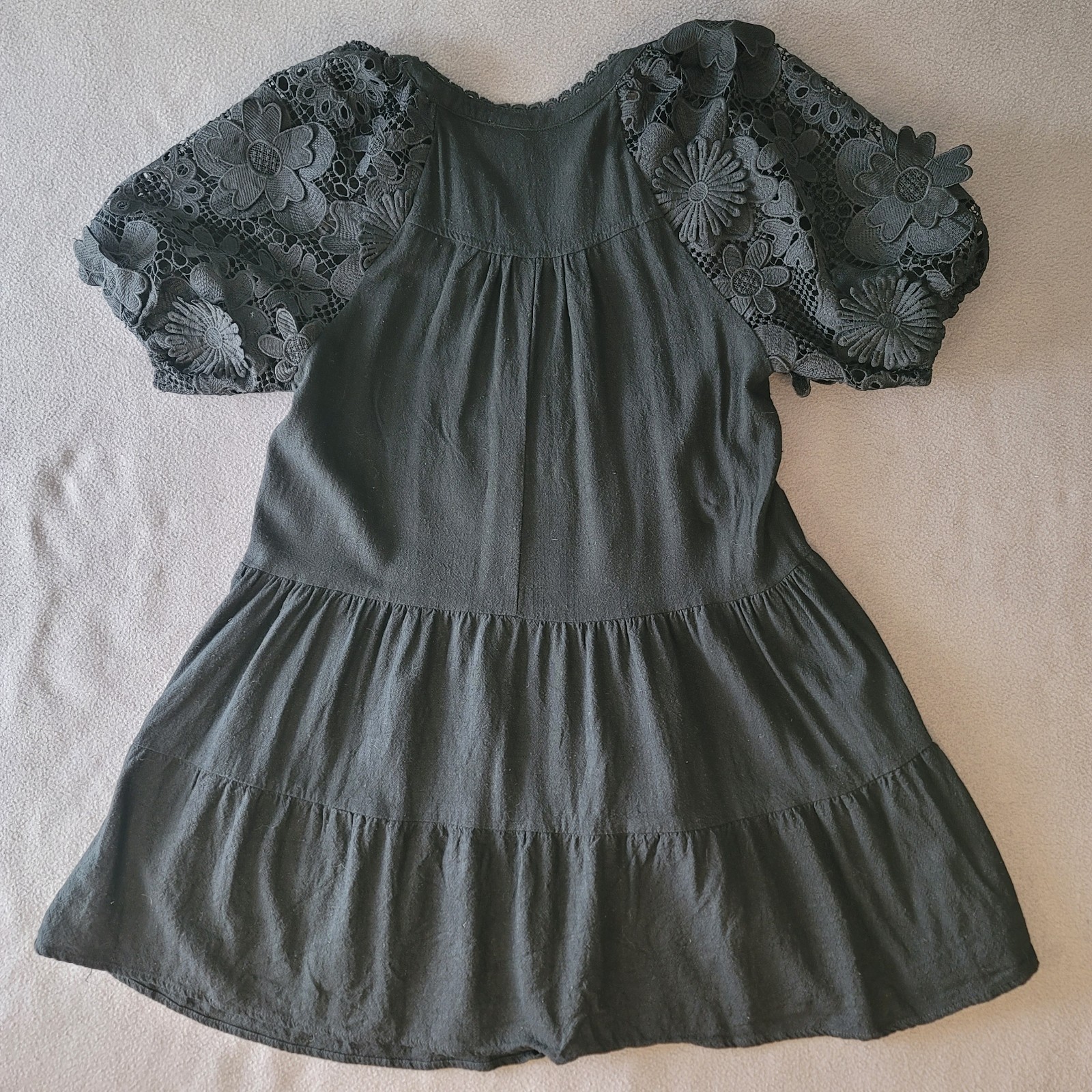 Umgee Boho Black Tiered Babydoll Dress Tunic Floral Crochet Lace Puff Sleeve