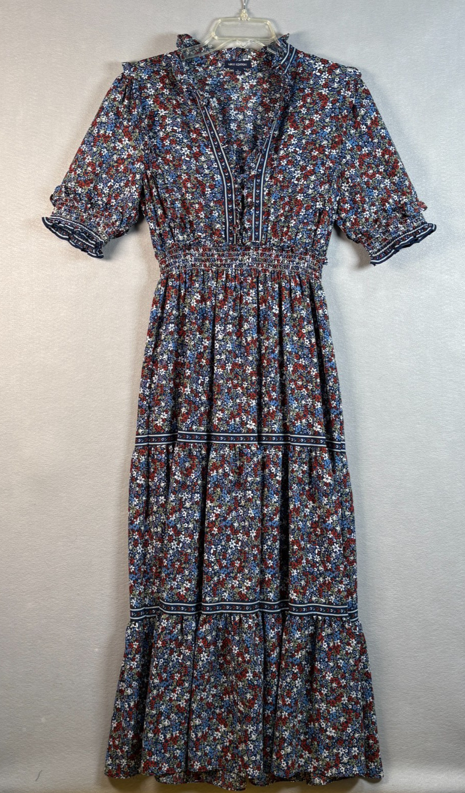 Max Edition Floral Print Tiered Maxi Dress Ruffle Collar Puff Sleeve Size Large
