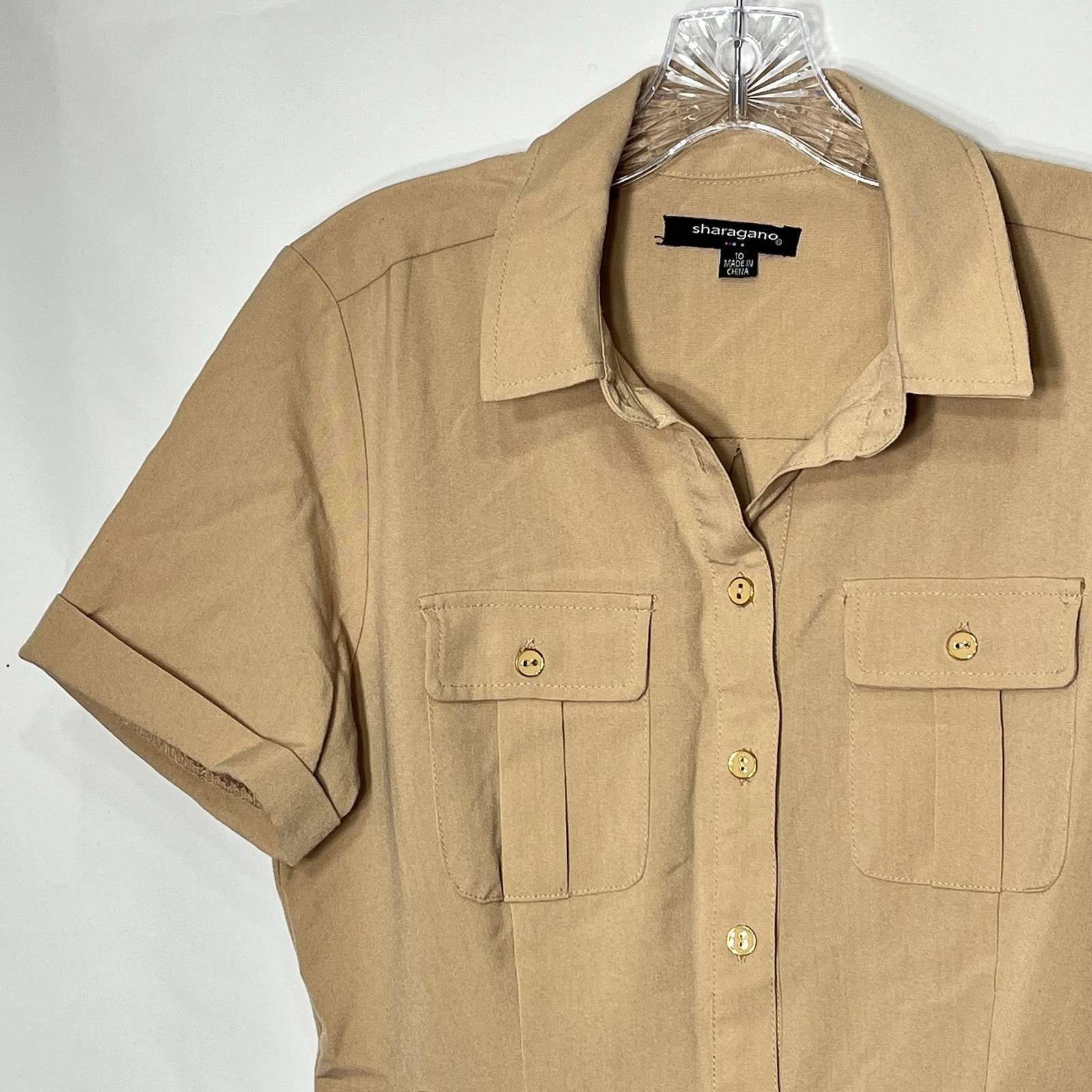 Sharagano Womens Size 10 Tan Collared Belted Shirt Dress Cargo Pockets