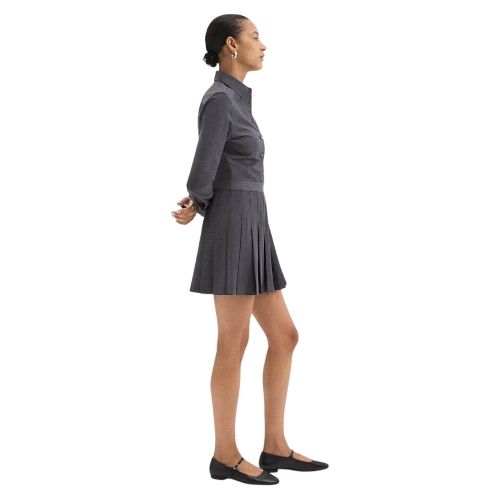 Theory Women Charcoal Wool Blend Classic Pleated Mini Shirt Dress Size US 8