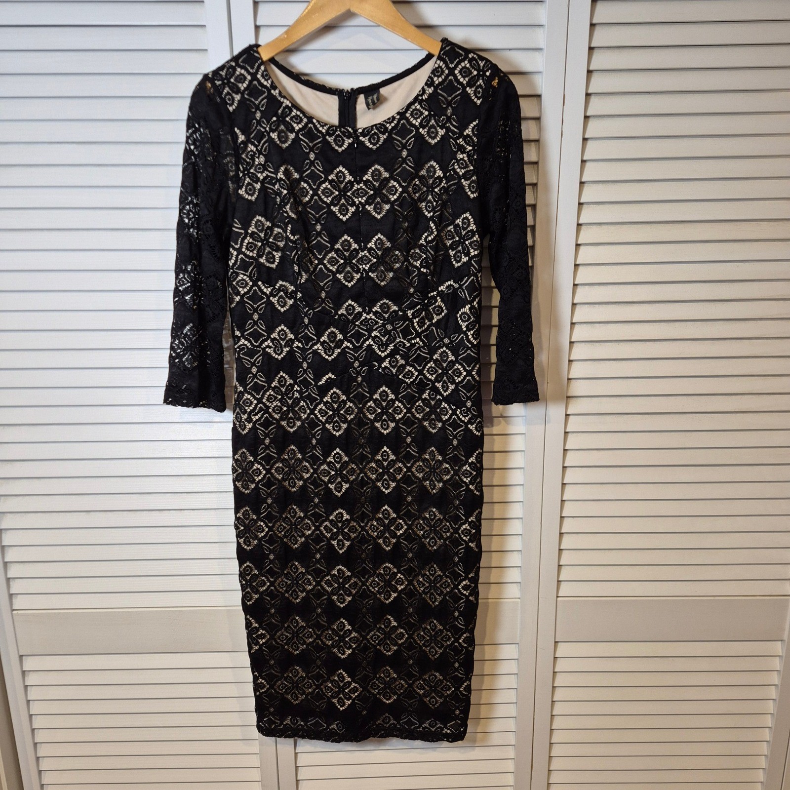 Black Lace Sheath Dress L 3/4 Sleeve Lined Cocktail Party Evening LBD VFemage