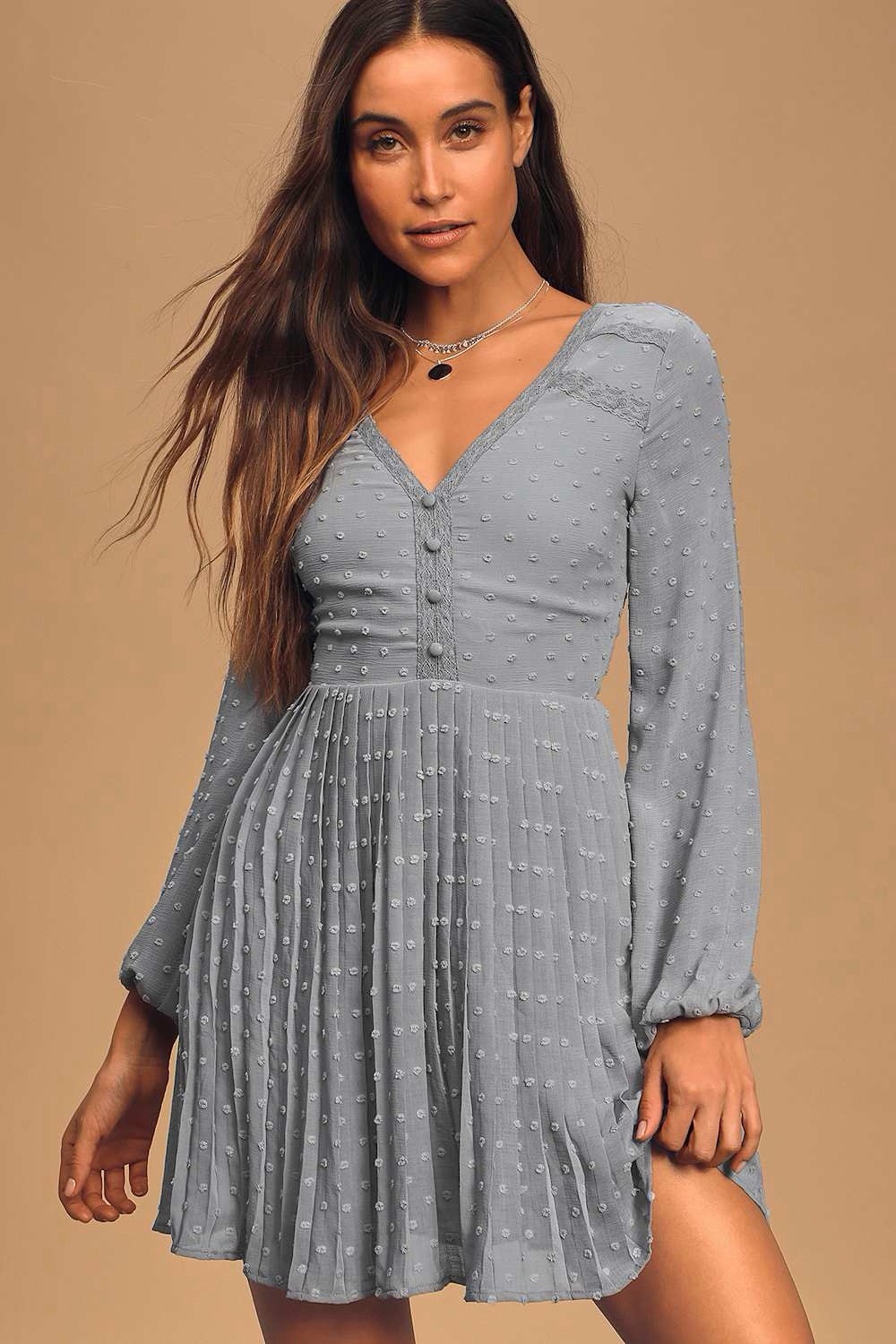 Lulus Poetic Love Dusty Blue Swiss Dot Mini Dress Womens XS V-Neck