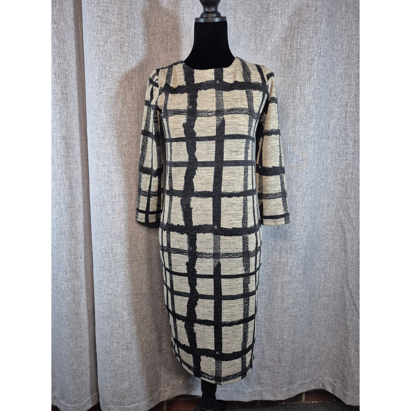Est. 1946 Plaid Sweater Knit Midi Dress XS NWT Black Cream 3/4 Sleeve