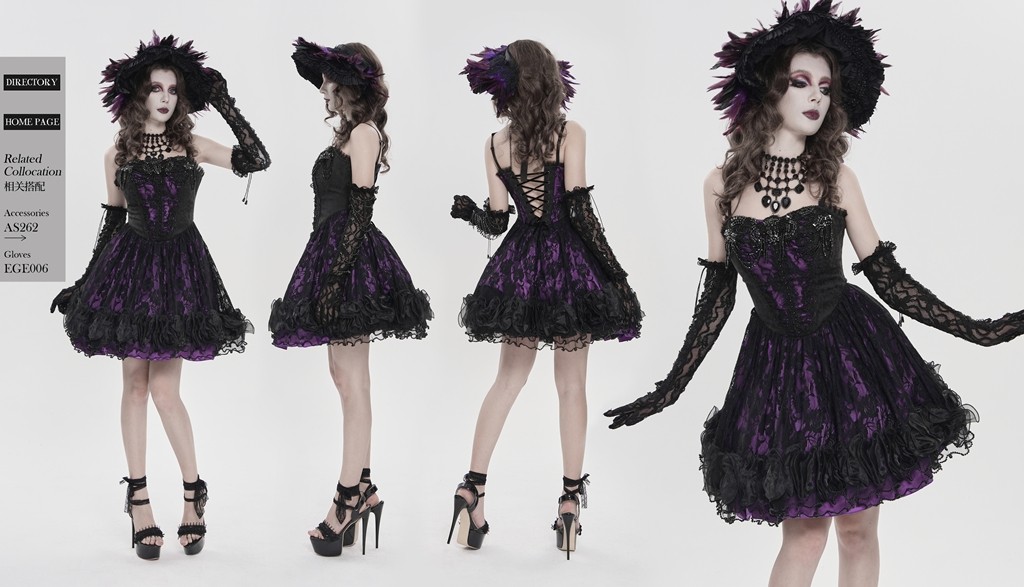 Devil Fashion Women Goth Victorian Beaded Floral Lace Corset Short Lace-Up Dress