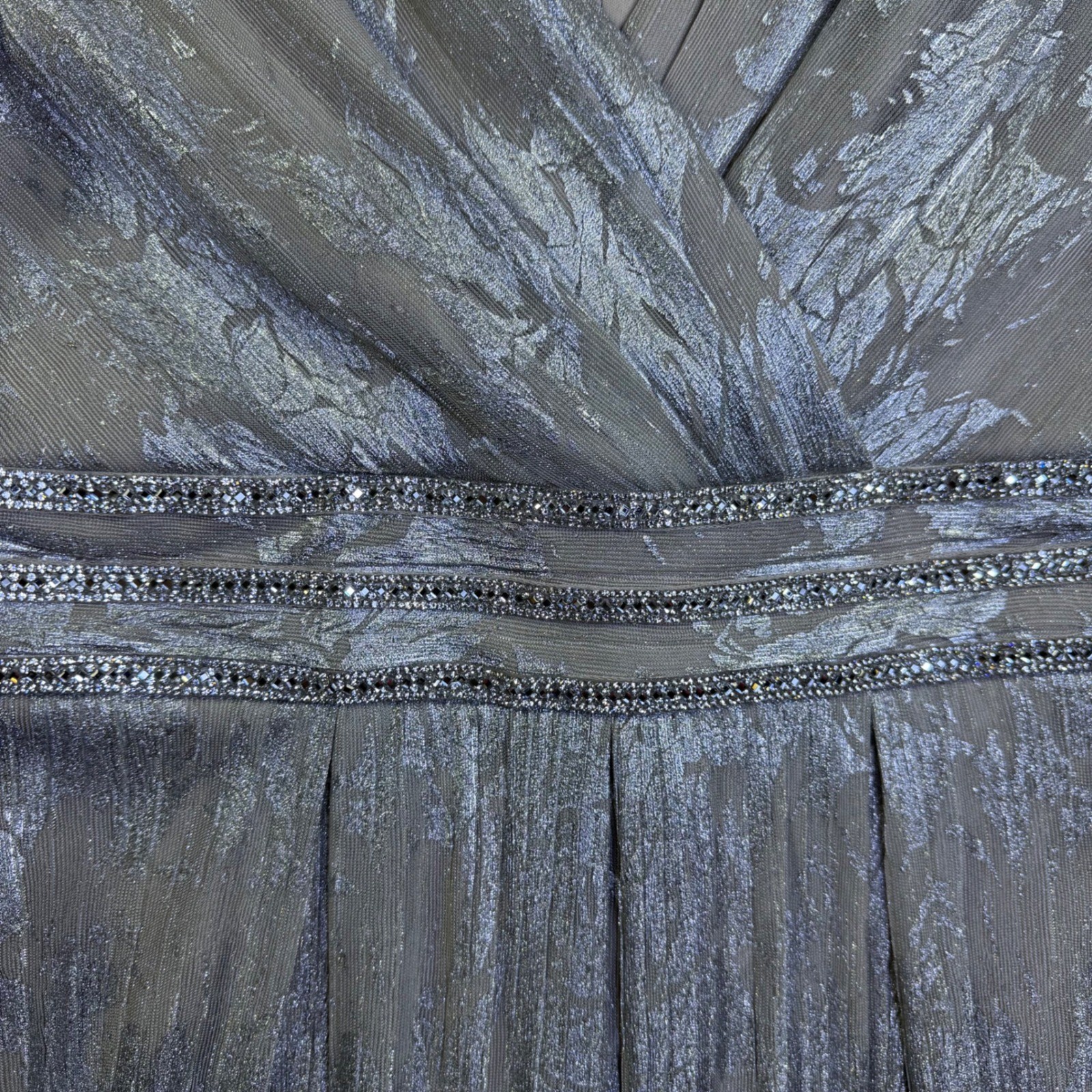 R&M Richards Silver Metallic Pleated Gown Beaded Empire Waist Formal Dress 14