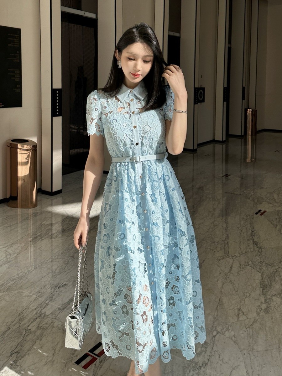 Self-Portrait Light blue Hollowed-out Flowers Embroidery BeltLong Dresses