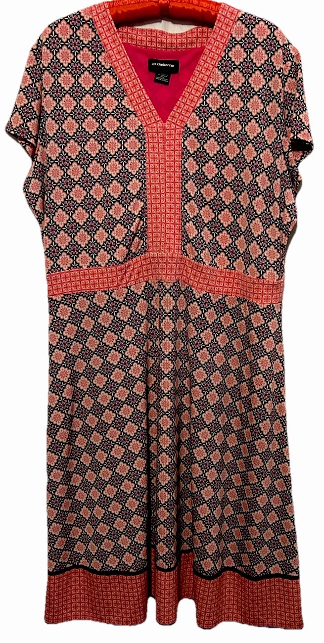 Liz Claiborne Dress XL Cute Coral Black Pink Artsy Print Stretch Knit Sundress