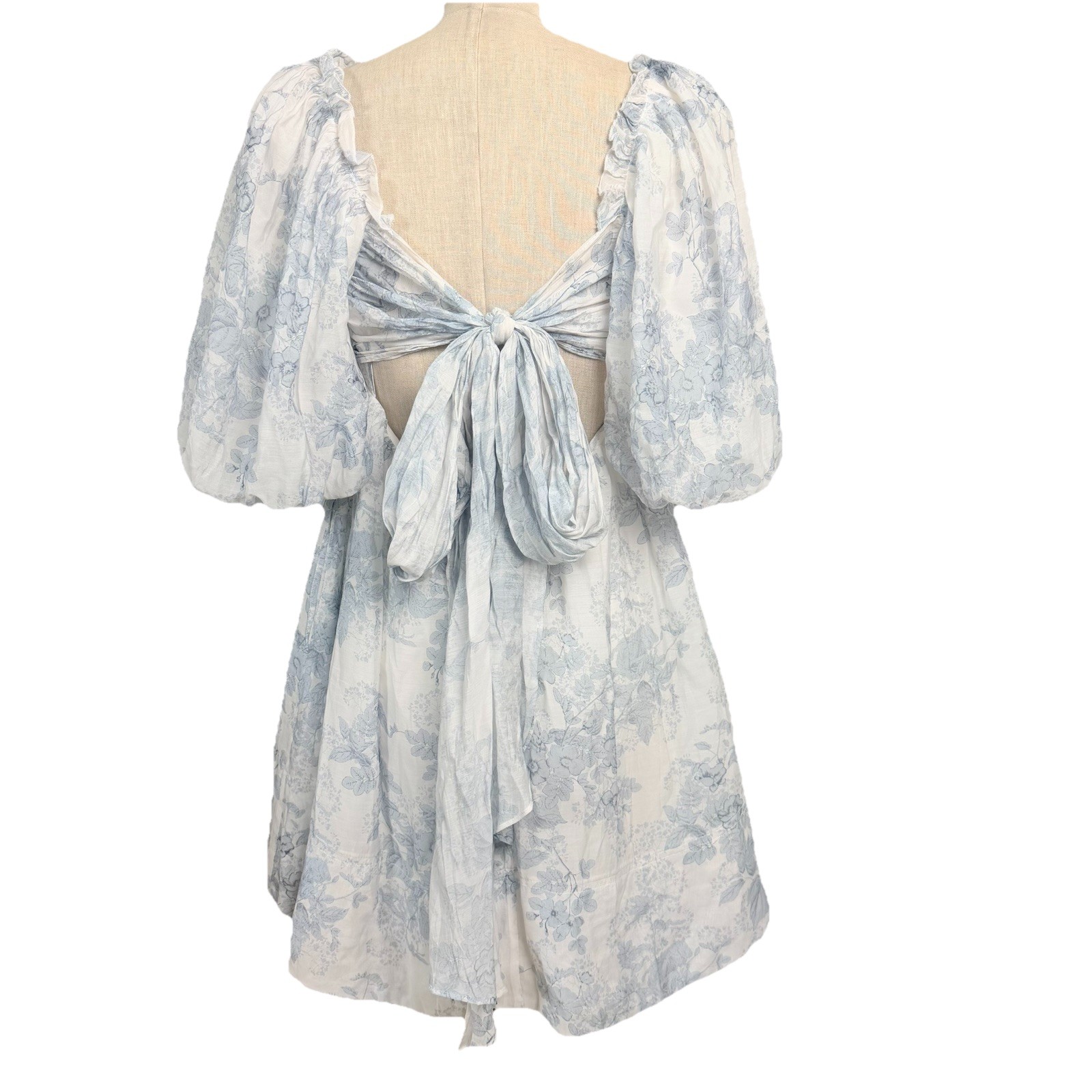 Sofie The Label Blue Floral Puff Sleeve Open Back Melody Mini Dress M Cottage