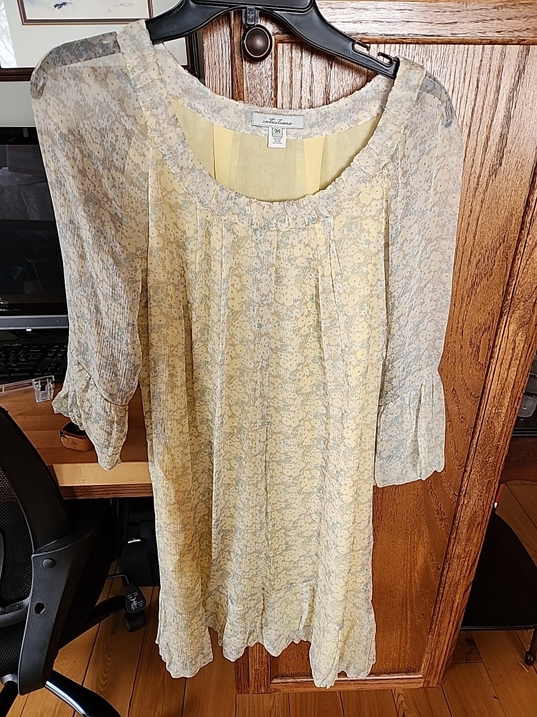 Feminine Sheer Silk Floral Yellow Dress Lined Polyester INTUITIONS Sz M