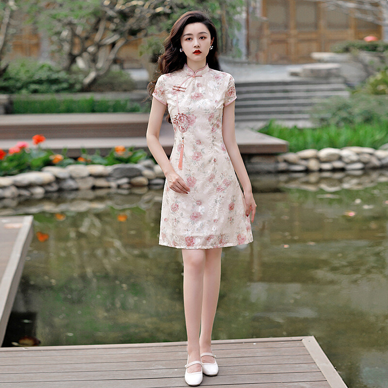 Ladies Jacquard Floral Chiffon Dress Short Cheongsam Qipao Frog Buttons Party