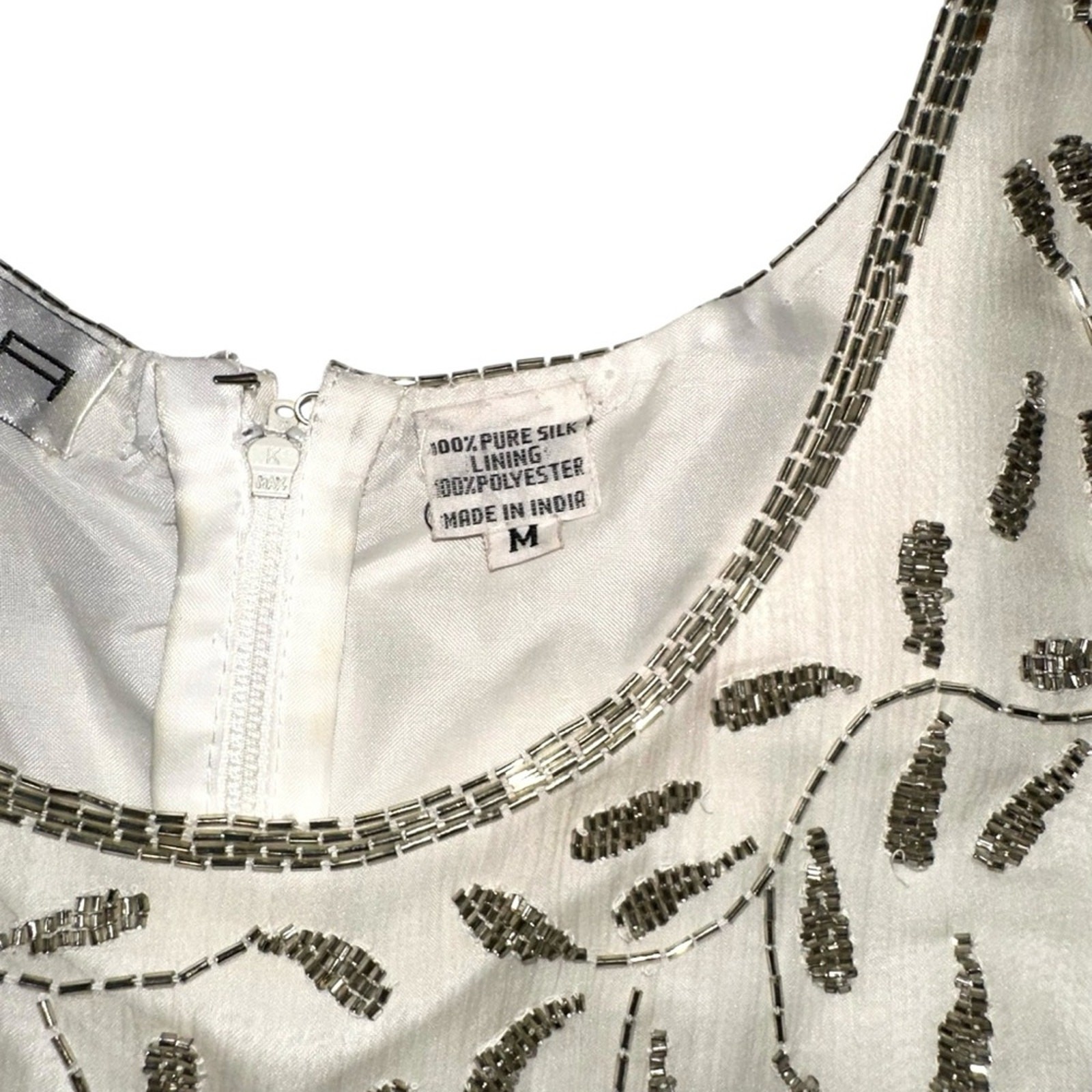 Scala Vintage Silk Cream Embellished Glass Beaded Sleeveless Mini Dress G2U