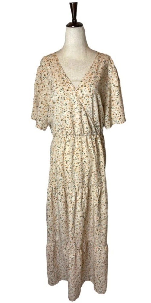 Kojooin Dress Women 2X Ivory Floral Tiered Maxi Boho Prairiecore Cottage NWT