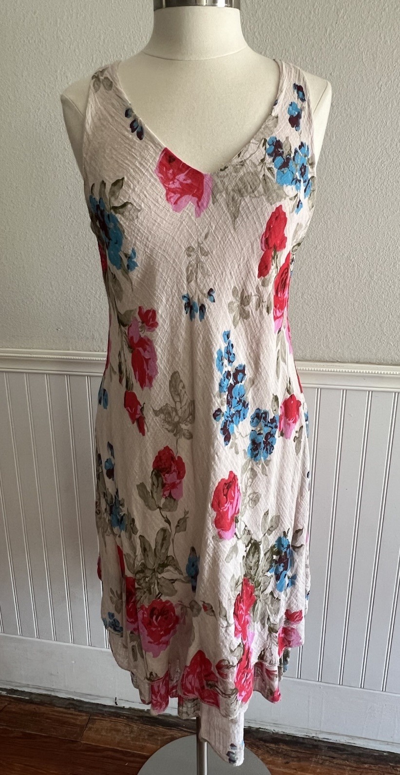 100% Lin Blanc Bias Cut Midi Dress Feminine Floral Romantic Layered 42, US 10
