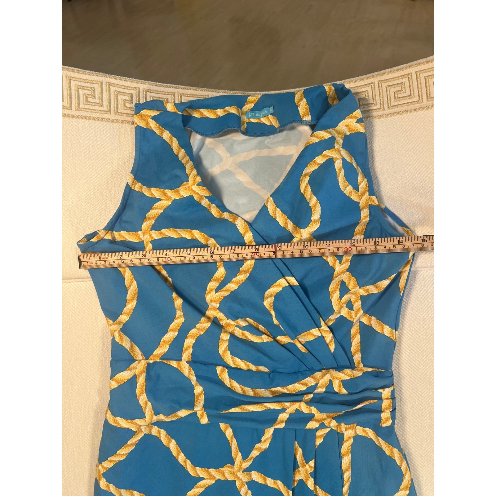 J.McLaughlin XS Blue Yellow Nautical Rope Print Faux Wrap Sleeveless Dress