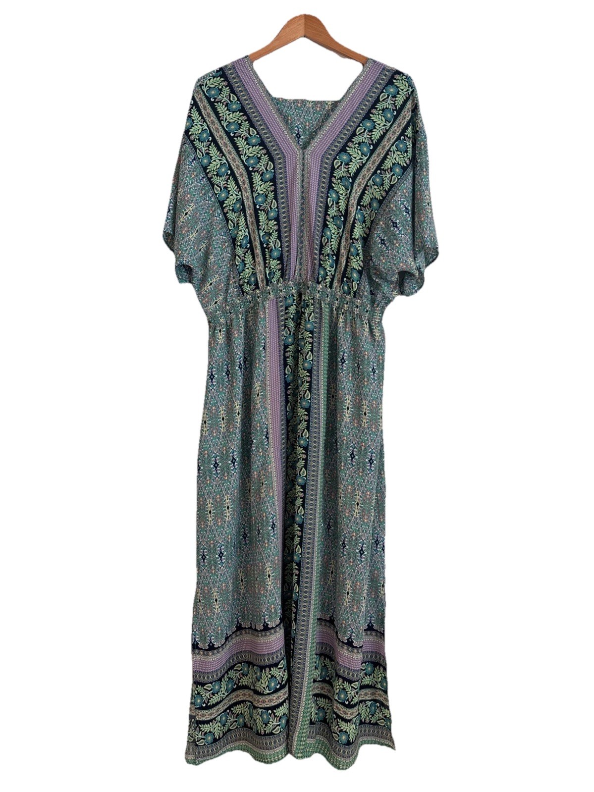 Kim Gravel Belle Boho Maxi Dress Blue Green Border Print Size Medium