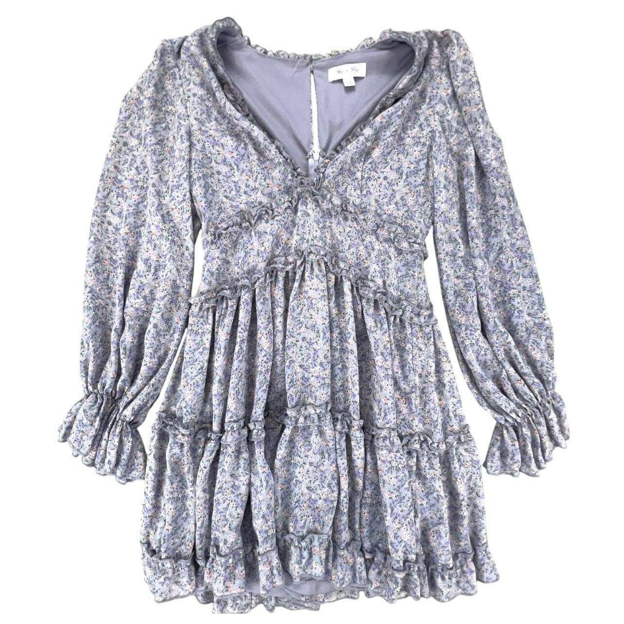 She + Sky Floral Ruffle V Neck Tiered Mini Dress Long Sleeve Lilac Pink