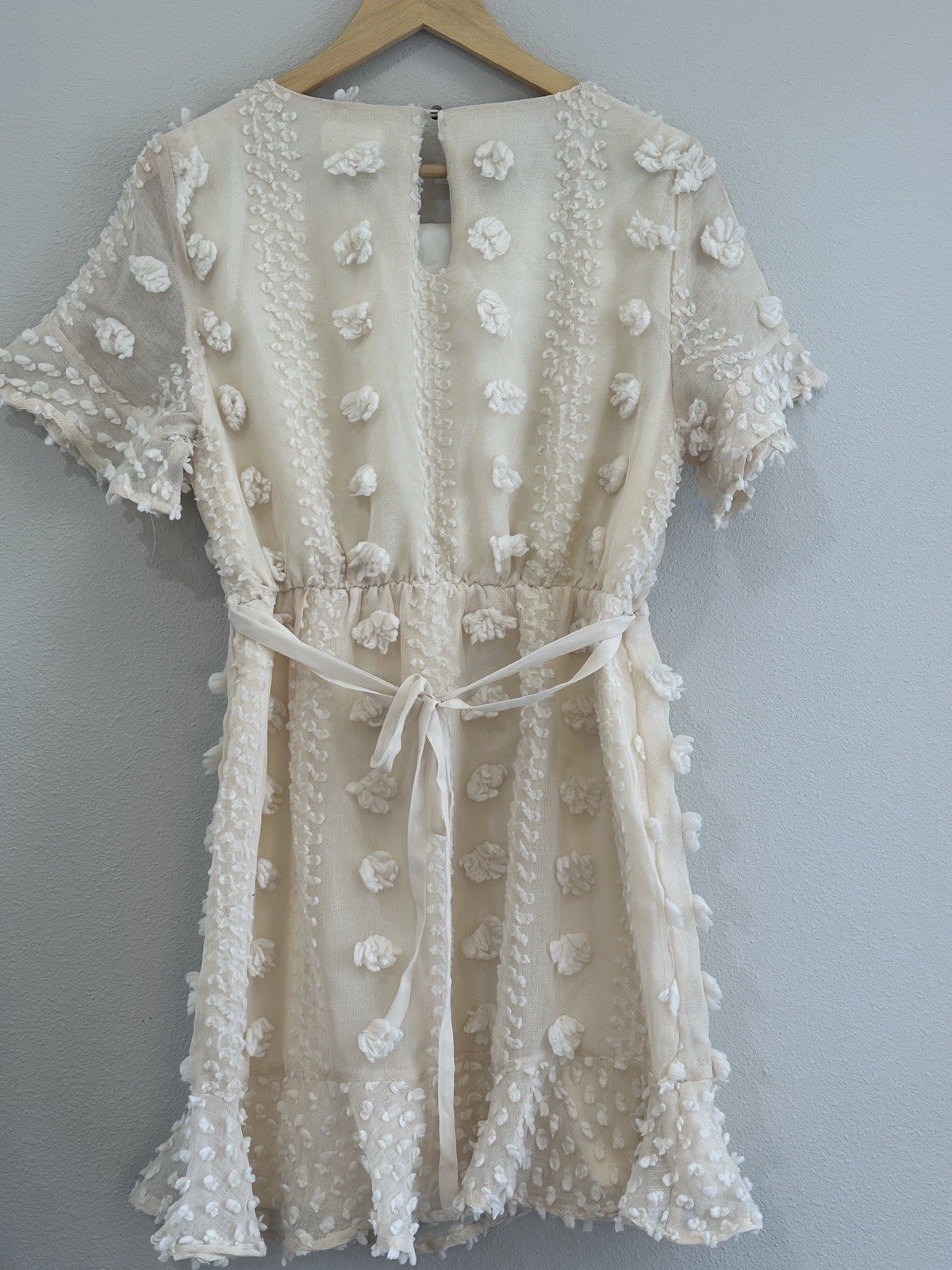 &Merci Ivory Textured Mini Dress 3D Pom Pom Floral Appliqués Size MEDIUM