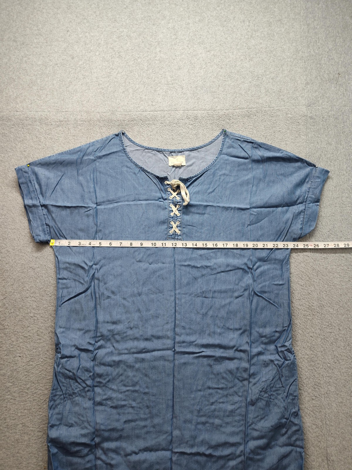 Caslon Dress Womens Large Blue Chambray Lace Up Scoop Neck Shift Short Sleeve