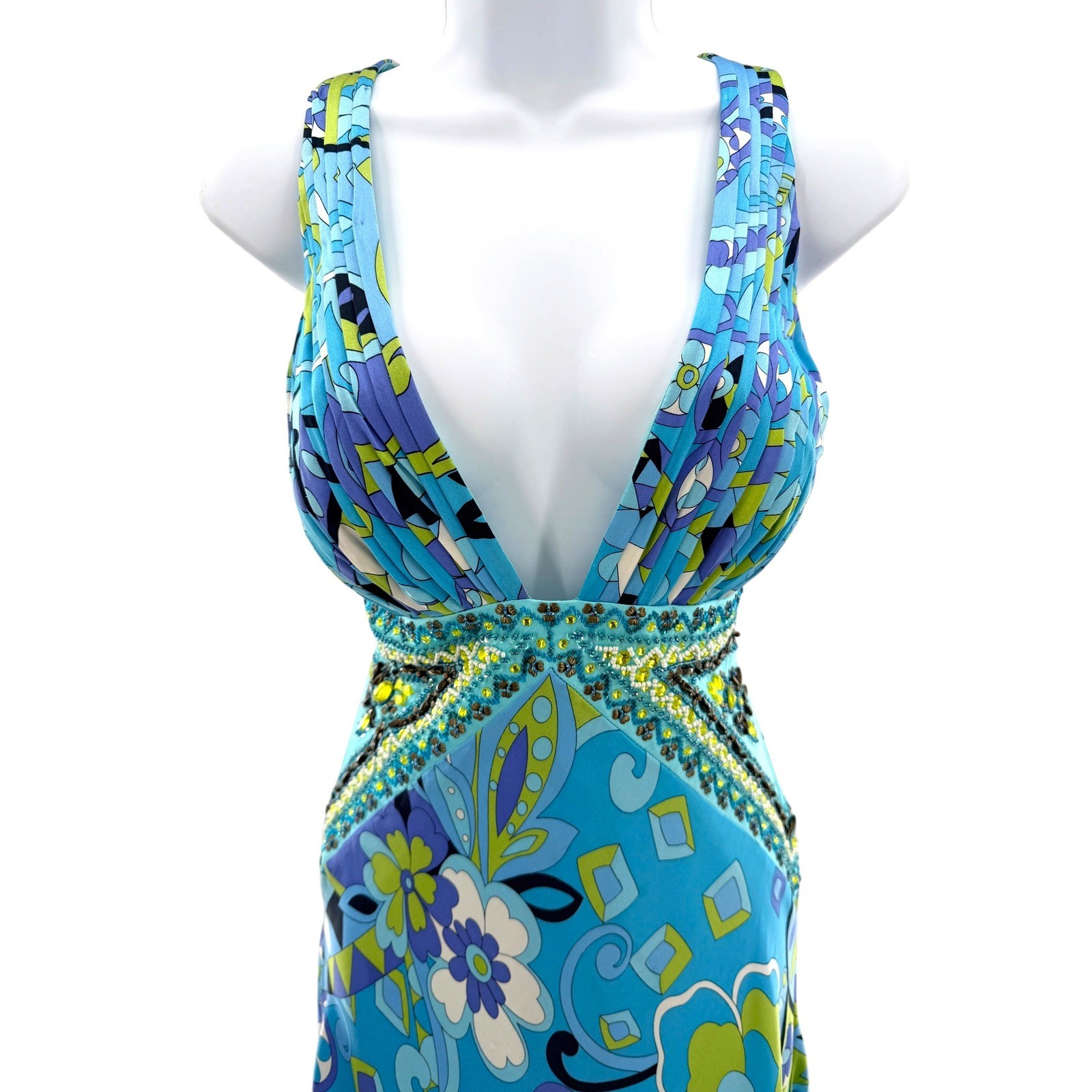 Sue Wong Nocturne Blue Silk Beaded Psychedelic Floral Maxi Dress Open Back 12