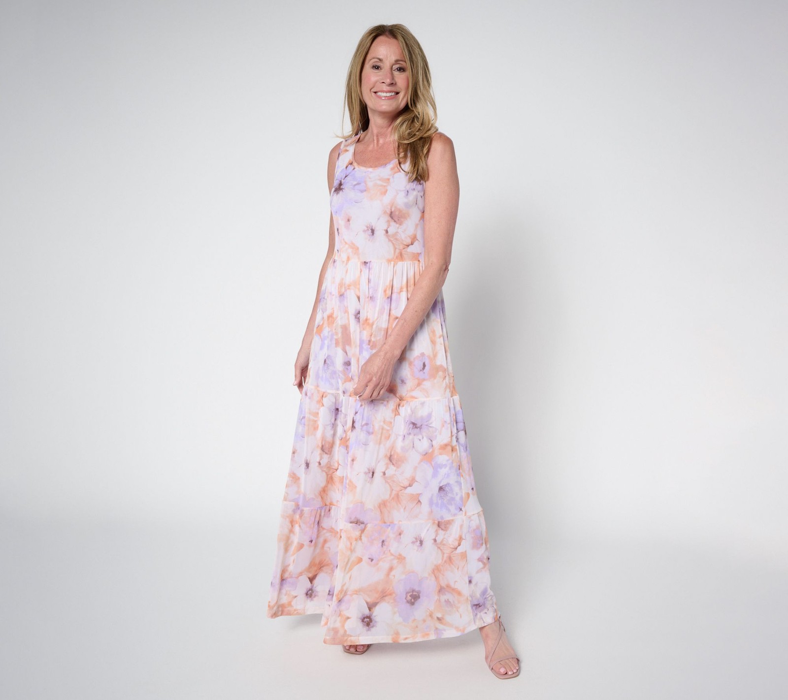 Susan Graver Regular Printed Mesh Tiered Sleeveless Dress Lilac/Melon M New