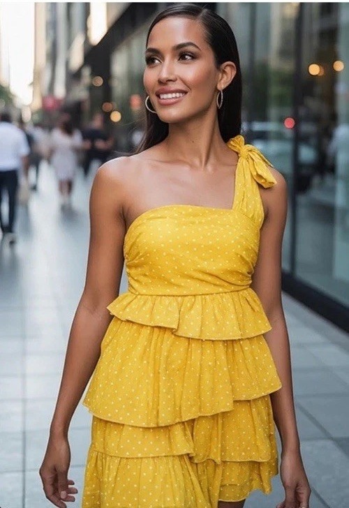 “ORANGE” Yellow One-Shoulder Ruffle Dress Size: Small
