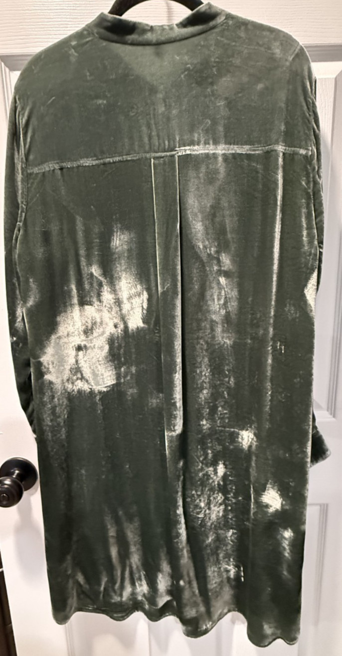 Eileen Fisher Green Velvet Mandarin Collar Shirt Dress Silk Rayon, Size MED