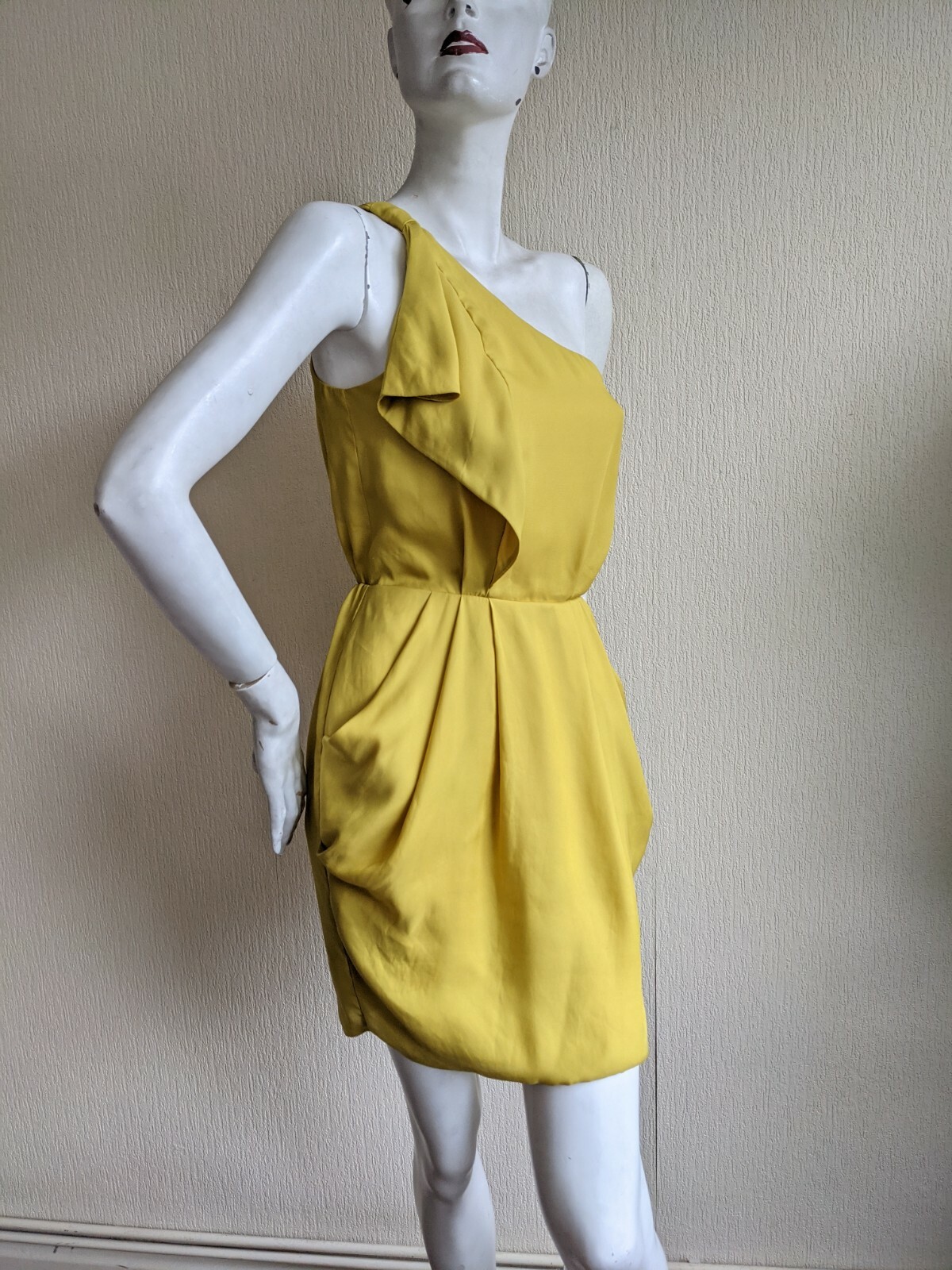 BCBGeneration Yellow One Shoulder Mini Draped Party Dress Pocket Boho XS UK 6/8