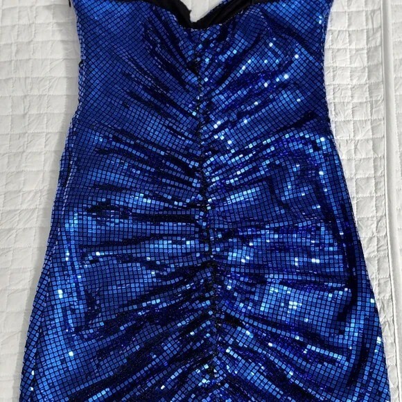Zara Ink Blue Spaghetti Strap Sequin Ruched Disco Mini Dress 9420/701 Size L