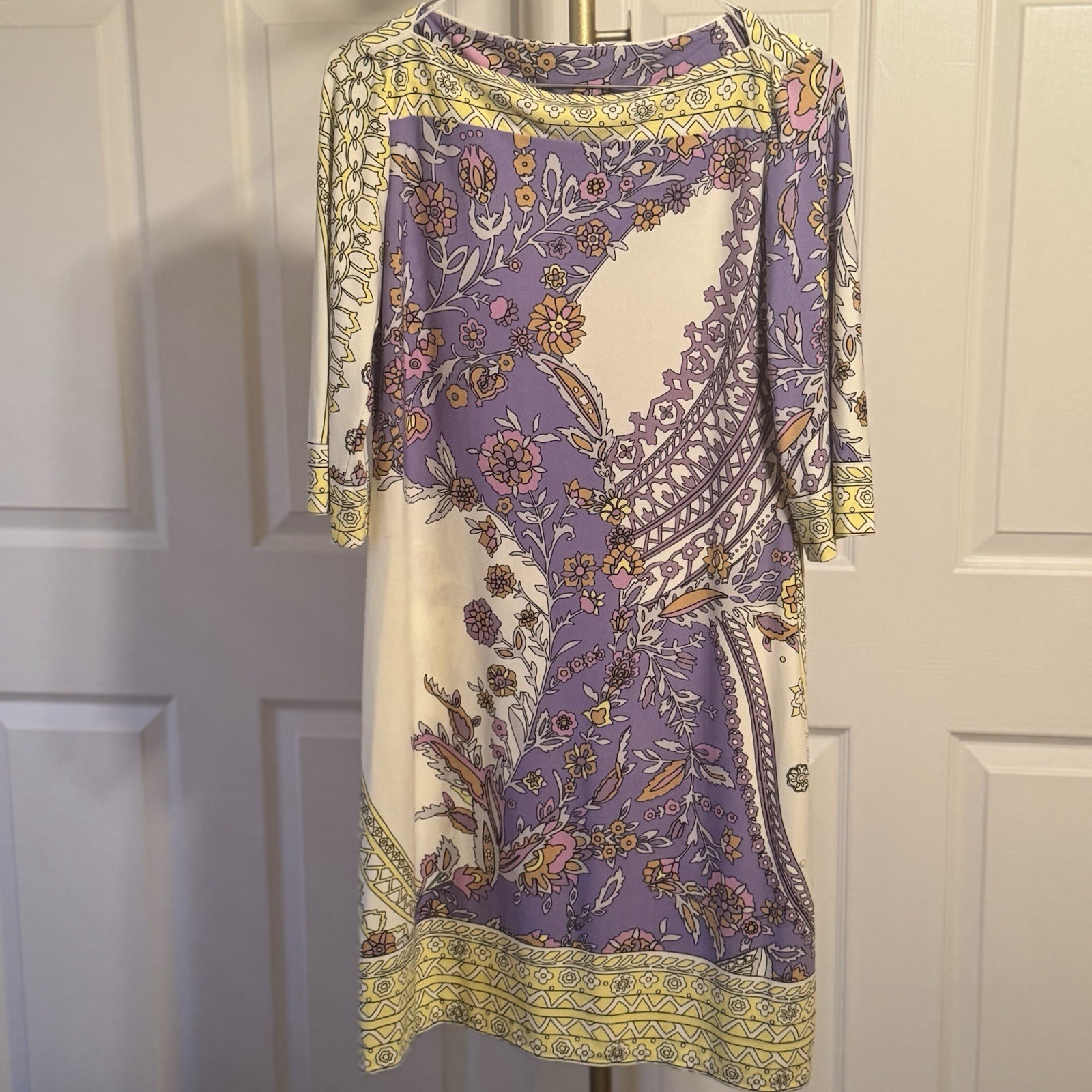 Donna Morgan Purple Paisley Floral Shift Dress 3/4 Sleeve Size 6/8