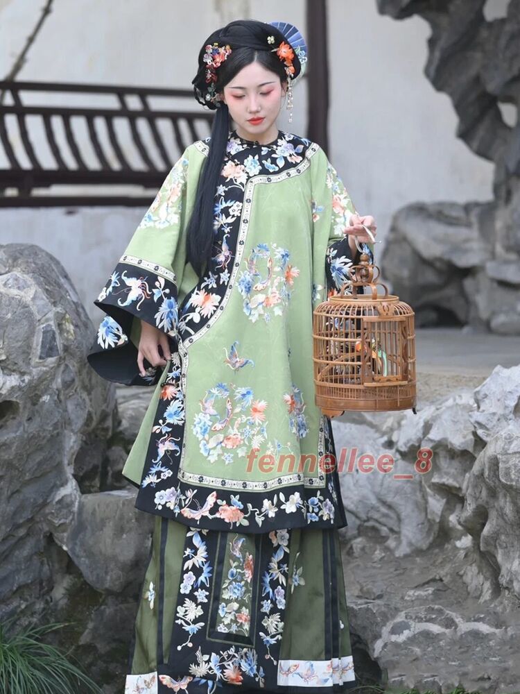 Qing Dynasty Womens Retro Chinese Costumes Dress Printed Hanfu Dress New