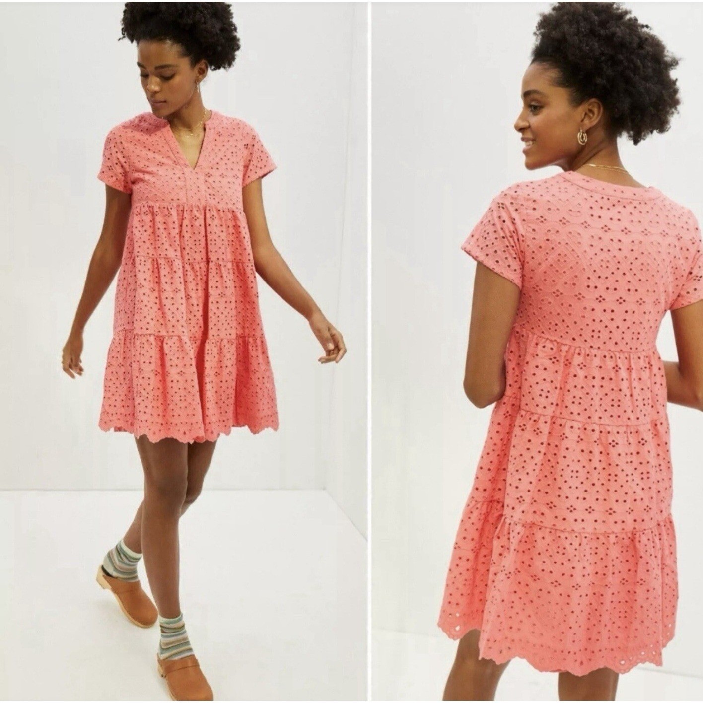 Maeve Anthropologie Harper Eyelet Dress Tiered Coral Pink Babydoll Size Medium